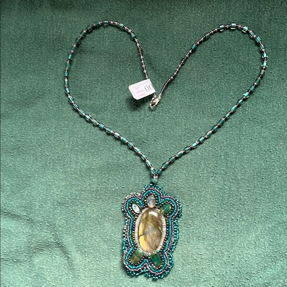 Green and Purple Labradorite Turtle Necklace with Intricate Beadwork